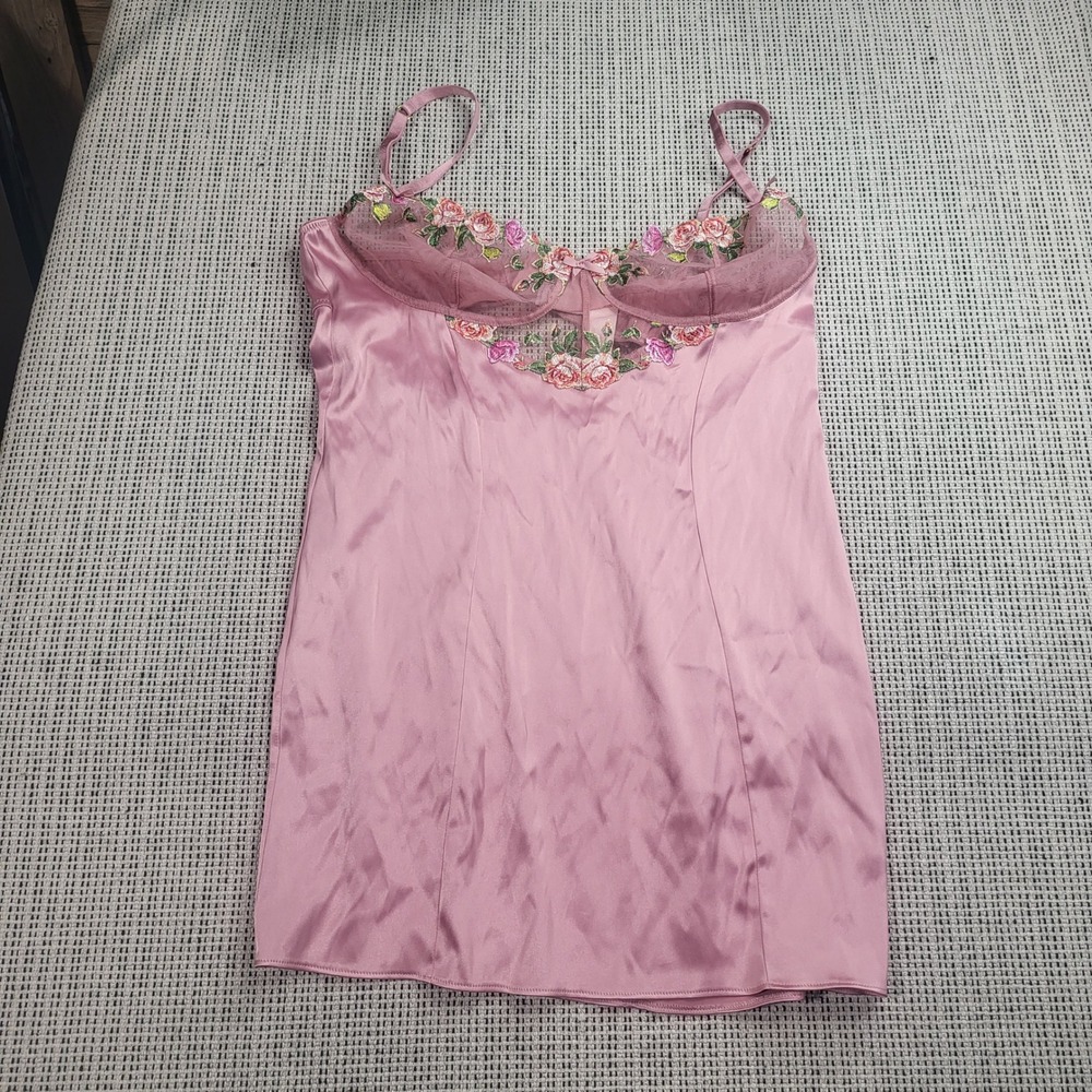 Victoria's Secret Slip Dress Women L Pink Floral Embroidered Satin Chemise 05T7